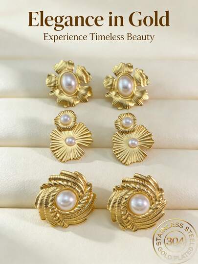 Large Water Drop-Shaped Pearl Earrings, Stainless Steel Ear Studs, Gold-Plated Declaration Heart Knot Ear Studs, Ladies' Hypoallergenic Jewelry, Women's Style, Wedding, Party, Dance, Vintage Jewelry(1/3pairs)