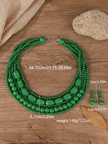 1 Bộ vòng cổ hạt gỗ nhiều lớp thủ công, kiểu dáng boho, thích hợp cho nữ, đi biển, dự tiệc, các dịp trang trọng kiểu Trung Đông, trang sức cổ điển thời trang (vòng cổ và bông tai). - màu xanh lá - Xem 2