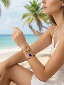 imoli Set de 5 piezas de pulsera con cadena de encanto de flor y corazón hueco minimalista en azul para mujeres, regalo (cadena hecha a mano personalizada por tamaño y cantidad) - Azul - Ver 5