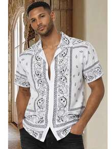 Men's Woven Fashionable Casual Paisley Printed Loose Short Sleeve Shirt For Daily Use - White - View 2
