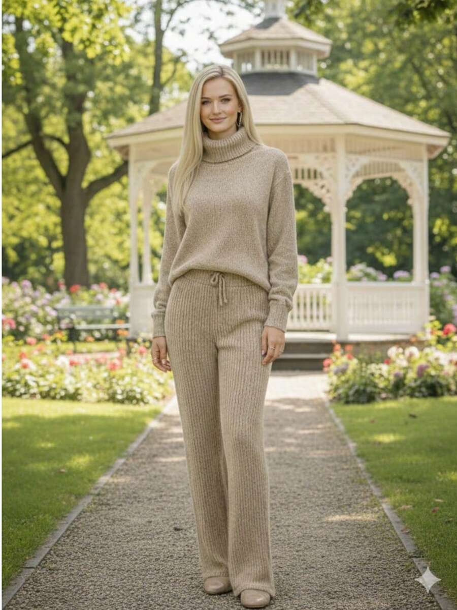 Set Of Pants And Turtleneck Sweater In Mousse Knit Fabric. - Pha trộn màu be - Xem 1