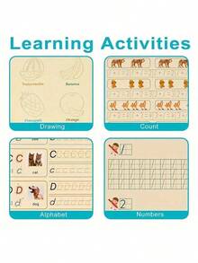 4-in-1 Kinder Kalligraphie Übungsbuch Set - Wiederverwendbare Rillen-Malvorlagen mit Stift & 8 Tintennachfüllungen, beinhaltet englisches Buchstaben, lustiges Malen, Zahlen 0-100 & Addition/Subtraktion, süße Illustrationen, Magie Tinte zum automatischen Verblassen für wiederholte Verwendung, verbessert kognitive Schreibfähigkeit, Frühförderung & Gehirntraining für Mädchen & Jungen, perfektes Oster-/Geburtstags-/Vorschulgeschenk - Schwarz - Übersicht 8