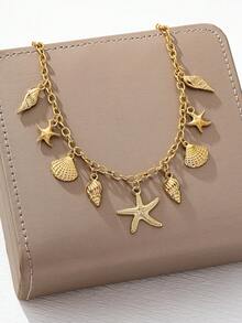 1件时尚简约夏季海滩度假海星/贝壳元素女士吊坠项链，独特高端，适合日常/假日佩戴 - 金色 - 查看 3