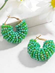 Bohemian Beaded Hoop Earrings, Handmade Crystal Chunky Hoop Earrings, Spring Vacation Boho Statement Jewelry For Beach & Summer Daily Wear - Multicolor - View 4