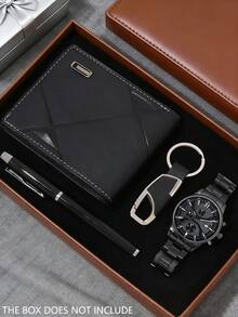 4-Piece Stylish Business Men's Watch Set, Including 1 Black Dial Quartz Watch With Black Strap, 1 Black Geometric Pattern Leather Wallet, 1 Business Pen, And 1 Keychain. The Overall Style Is Steady And Sturdy, Showcasing Fashionable Charm. Suitable For New Year's Office Commute, Business Meetings, Daily Outings, And Other Professional Occasions. - Black - View 3