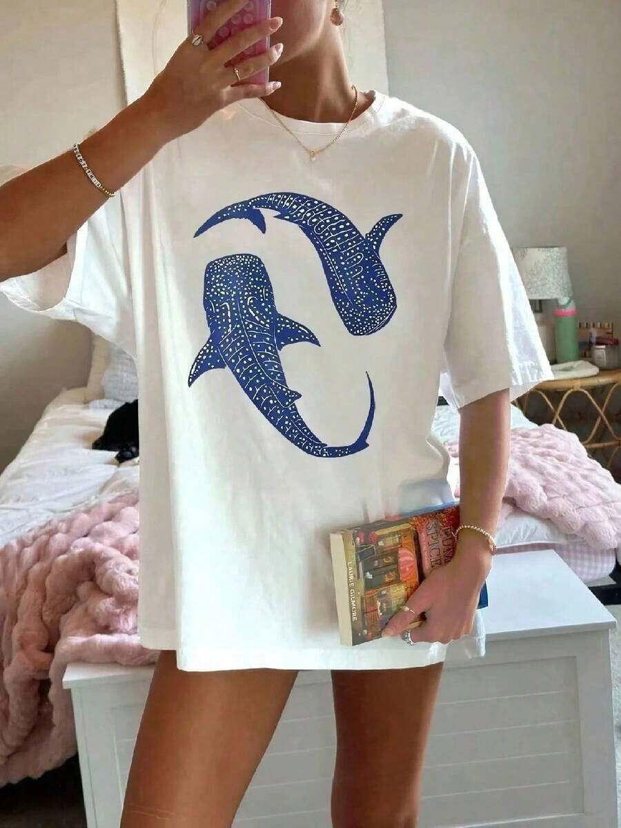 Valentine Outfits For Women2026Blue Whale Shark Simple Printing T-Shirts Women Summer Tops Comfortable O-Neck T Shirt Fashion Casual Women Clothesethiopian Dress Valentines Clothes - White - View 1