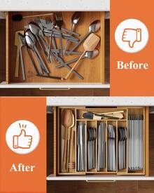 Kitsure Large Bamboo Silverware Organizer - Expandable Drawer Organizer For Utensil, Cutlery And Flatware, Kitchen Storage Solution With 6 To 8 Slots, Natural - 預設 - 查看 7