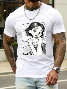 Cartoon Girl Lying On Bed Print Mens Short Sleeve Casual Sport-Shirt Holiday - White - View 6