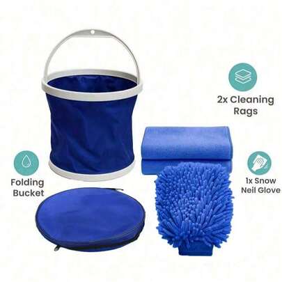 5pcs Portable Car Washing Kit - 13L Collapsible Bucket, Wool Gloves And 2 Towels, All-Purpose Cleaning Set For Car, RV, Outdoor And Home
