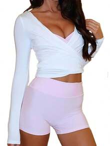 Women Ballet Wrap Top V Neck Solid Long Sleeve Self Tie Dance Shirt Pilates Yoga Tops Y2k Workout Active Blouses Clubwear For Daily Party - 白色 - 查看 3