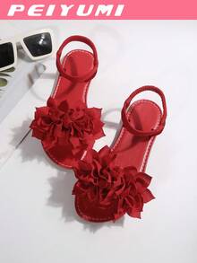 PEIYUMI Women's Sandals, Summer Beach Floral Decor Sandals, Stretchy Elastic, Easy To Carry - Red - View 5