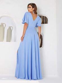 Serenity Blue V-Neck Long Party Dress With Flowing Sleeves And Slit - NM Nana Marie Formal Wedding Dress - Màu xanh nhạt - Xem 4