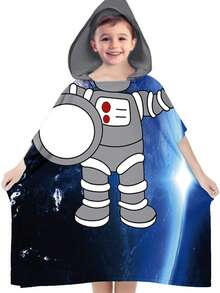 Children's Astronaut Cotton Poncho Towel For Beach, Pool, Bath, Summer, Girls'/Boys' With Hood, Terry Cloth, Cute Decor - 藍色 - 查看 3