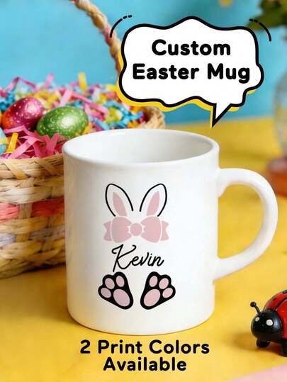 1pc Custom Easter Bunny Name Mug Personalized Ceramic Coffee Mug With Custom Name Blue And Pink Color Options Featuring Cute Rabbit Ear Letter Design For Spring Holiday Daily Drinkware Suitable For Coffee Tea Milk And Hot Chocolate Ideal For Home Kitchen Office Desk And Dining Table