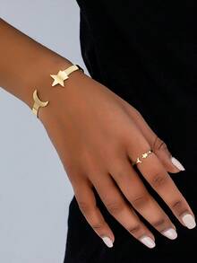 2pcs Minimalist Metal Star & Moon Open Bangle Bracelet And 1pc Creative Minimalist Metal Star & Moon Ring Jewelry Set, Versatile For Daily Wear And Festivals - Yellow Gold - View 3