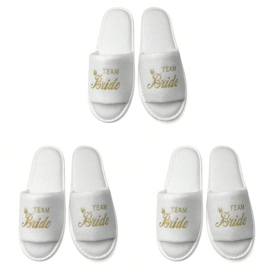 3 Pairs Printed White Disposable Slippers For Bridesmaids - Golden Team Bride Printed White Slippers - View 1