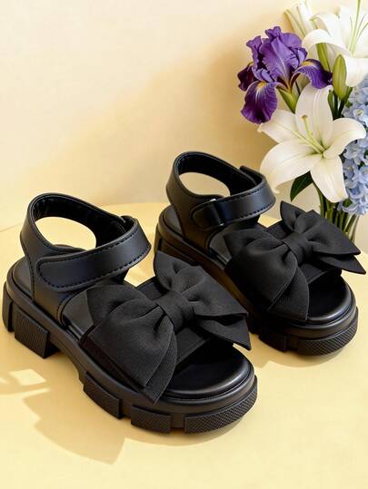 1 Pair Elegant Girls' High Heel Sandals, Fashion Children's High Heel Sandals, Black Fabric Floral Decor, Hook And Loop Design, Suitable For Daily Outing, Wedding Party, Summer Travel