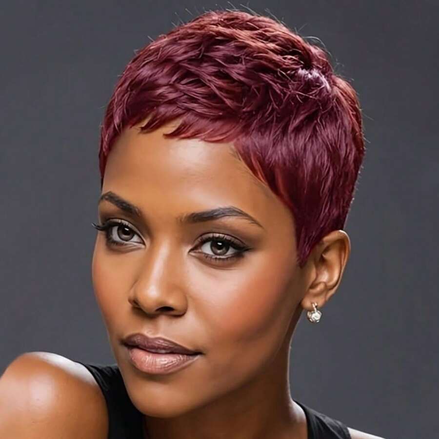Pelucas de cabello humano para mujeres, estilo corte pixie en varios colores para mujeres, pelucas de cabello humano corto mezclado en color burdeos y marrón con flequillo, perfectas para fiestas y festivales de música - S99JA/BUGA - Ver 1