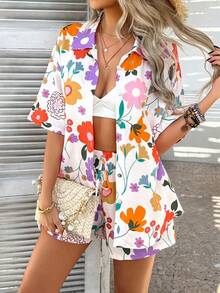 Ropa de mujer de primavera, otoño e invierno 2026 ropa de ocio y vacaciones estilo de choque de colores estampado conjunto de pantalones cortos - Base de flores azules y amarillas - Ver 4