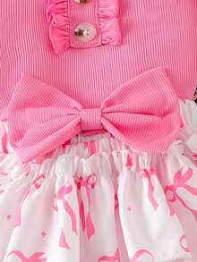 3pcs Baby Girl Princess Style Set: Ruffled Trim Button Decor Cap Sleeve Pink T-Shirt, Butterfly Print Double-Layer Cake Skirt With Bow Decor, And Bow Headband - Pink - View 8