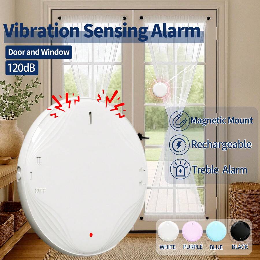 1 pieza Alarma recargable con nivel de volumen ajustable de 90-120dB, sensor antirrobo de rotura de vidrio, instalación sencilla para del hogar