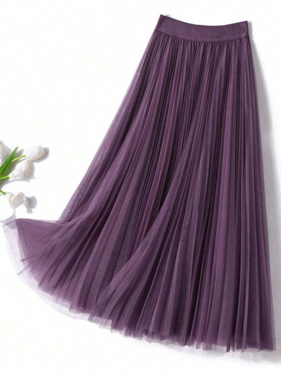 LuminousWealth 女士优雅褶裥网纱 A 字裙，适合休闲或办公场合穿着，简约优雅 | 涤纶网纱裙，四季皆宜，非常适合日常穿着或春季派对 - 葡萄紫 - 查看 1