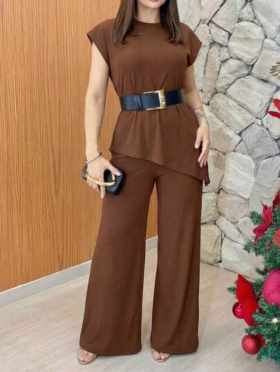 Women's Spring/Summer Coffee Brown Ribbed Knit Matching Set - Sleeveless Asymmetrical Hem Top + High Waist Wide Leg Pants (Belt Not Included), Casual Elegant For Daily, Commute, Gathering