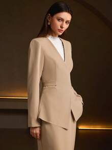 Women's Fashion Long Sleeve V-Neck Tie Front Top, Woven Fabric, Regular Fit, With Pockets - Camel - View 4