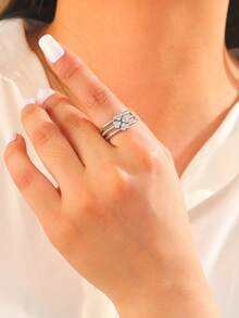 3pcs/Set Clover Shaped Multi-Layer Stackable Rings, Copper Rings Inlaid With Artificial Zirconia - Silver - View 1