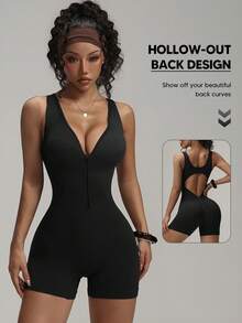 女士拉链短袖瑜伽连体裤，健身运动连体裤，黑色夏季款 - 黑色 - 查看 4
