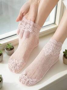 chuanwa（2） 5/10 Pairs Women's Lace Net Stockings, High Quality Vintage Floral Solid Color Sheer Breathable Soft Transparent Mesh Pantyhose - Multicolor - View 4