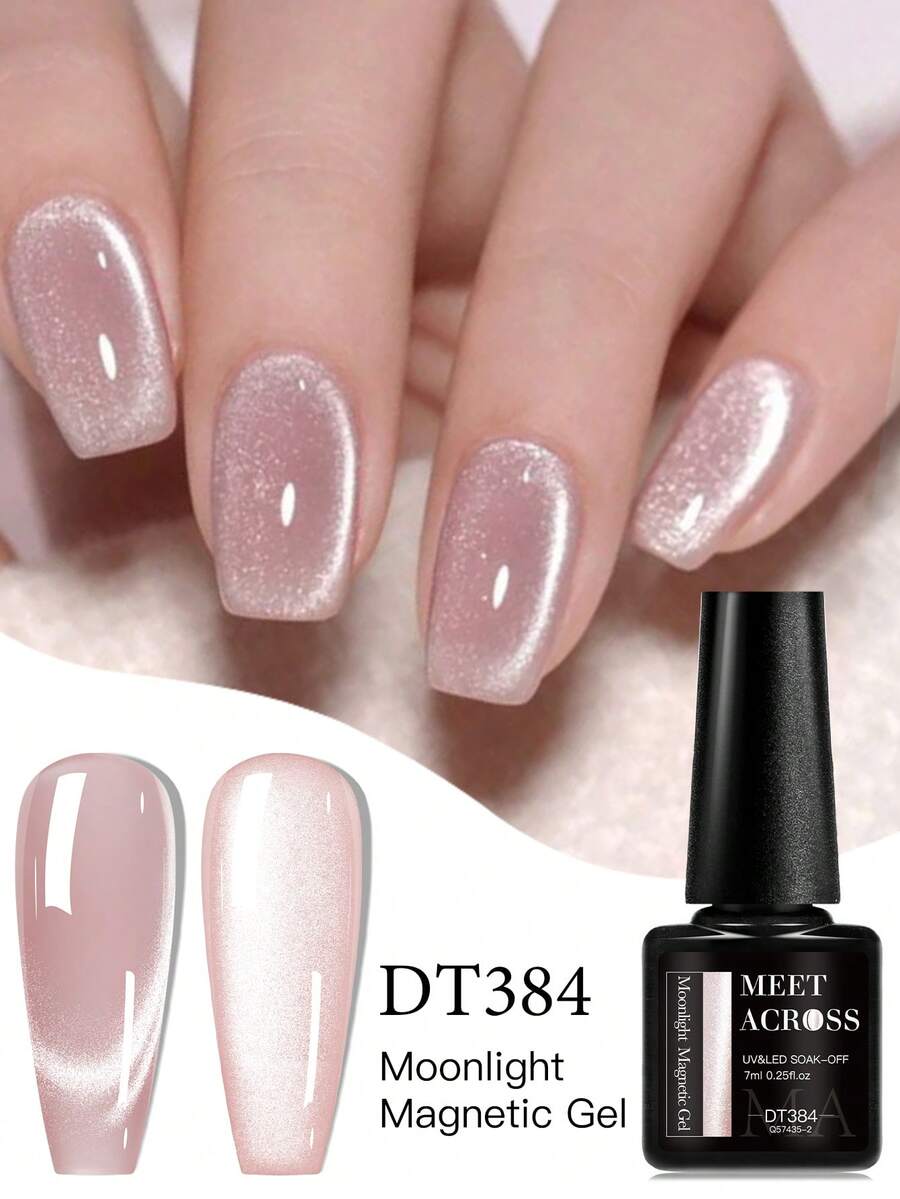 MEET ACROSS 1pc 7ml Moonlight Cat Magnetic Gel Nail Polish, Pink Semi Permanent Glitter Magnetic Gel UV/LED Needed Soak Off Painting Vanrish Design Manicure Nail Art DIY For Home And Salon Nail Supplies - 粉色 - 查看 1