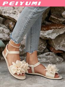 PEIYUMI Women's Sandals, Summer Beach Floral Decor Sandals, Elastic Stretch, Easy To Carry - Beige - View 4