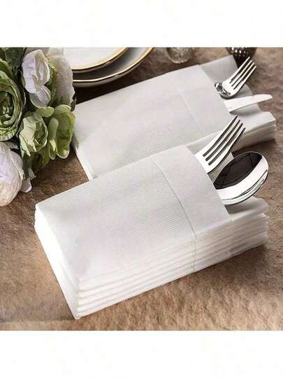 50pcs White Linen-Textured Disposable Paper Napkins With Cutlery Pockets - High Absorbency, Suitable For Weddings, Parties, Holidays And Special Occasions, Elegant Table Decor, Cutlery Storage Design