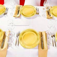 100/50/25/10个金色加厚可重复使用餐盘，甜点盘，蛋糕盘，优雅抛光金属边，防水耐用，一次性餐盘，适用于野餐、晚餐、派对、情人节、开胃菜 - 金色 - 查看 4