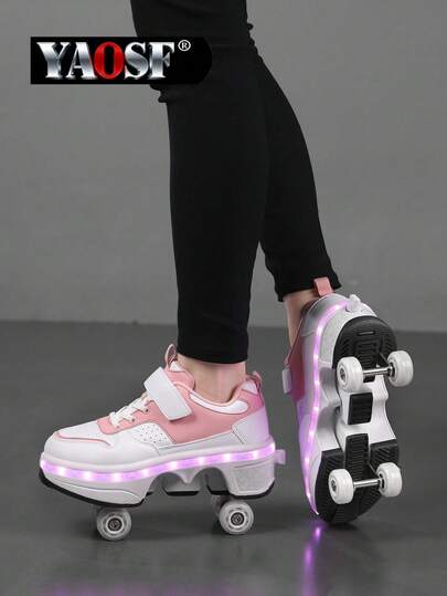 YAOSF Zapatos de patines con ruedas mejorados y a la moda para adolescentes, con mayor estabilidad, zapatos deportivos 2 en 1 desmontables, zapatos de patinaje sobre ruedas elegantes para la calle, zapatos deportivos con iluminación LED para exteriores, nuevos zapatos con ruedas, zapatos luminosos con ruedas, zapatos de patines con ruedas recargables por USB, patines con ruedas con iluminación LED, zapatos deportivos con suelas luminosas, zapatos con ruedas para deportes al aire libre para estudiantes y adolescentes, un regalo elegante para los jóvenes