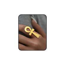 JWIGP Ankh Cross Adjustable Ring – Gold Plated Chunky Statement Band, Egyptian Sym.Bol Jewelry, Stainless Steel Spiritual Thumb Index Midi Retro Vintage Fashion Accessory For Women Men - 金色 - 查看 1