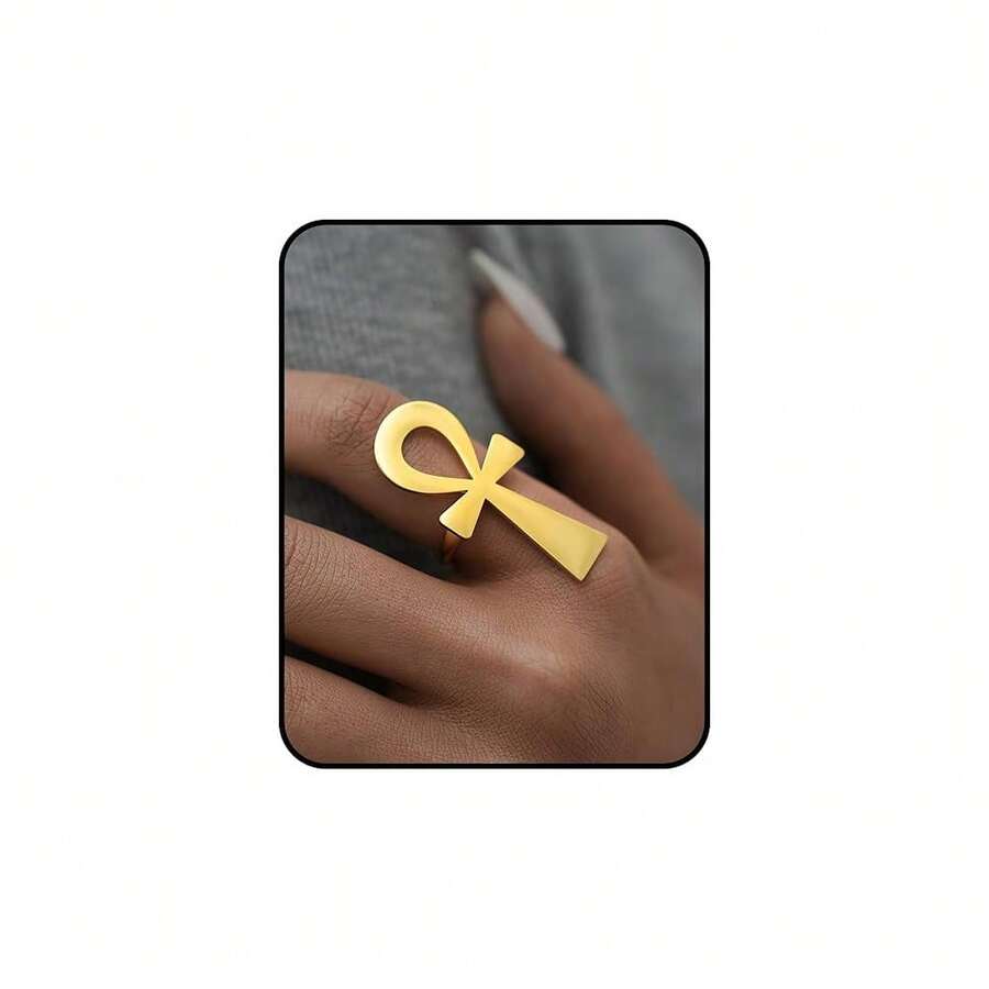JWIGP Ankh Cross Adjustable Ring – Gold Plated Chunky Statement Band, Egyptian Sym.Bol Jewelry, Stainless Steel Spiritual Thumb Index Midi Retro Vintage Fashion Accessory For Women Men - 金色 - 查看 1