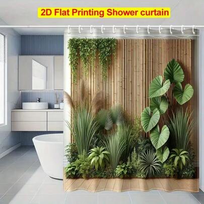 2D Shower Curtain, Designed With Folding Screen And Green Plant Decor Prints, Comes With Hooks, Made Of Polyester Fabric, Easy To Clean, Suitable For Windows, Walls, Bathtubs And Bathroom Home Decor