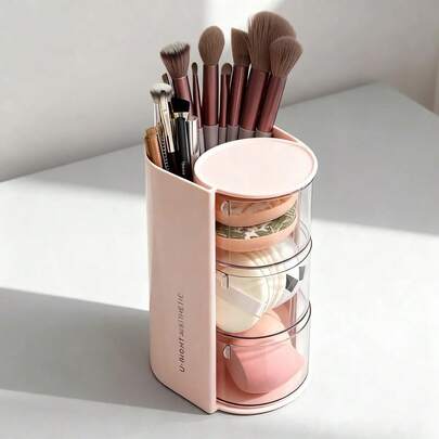 三层旋转粉色化妆品收纳盒，粉扑收纳架，桌面化妆刷旋转架，化妆垫和海绵化妆品收纳盒