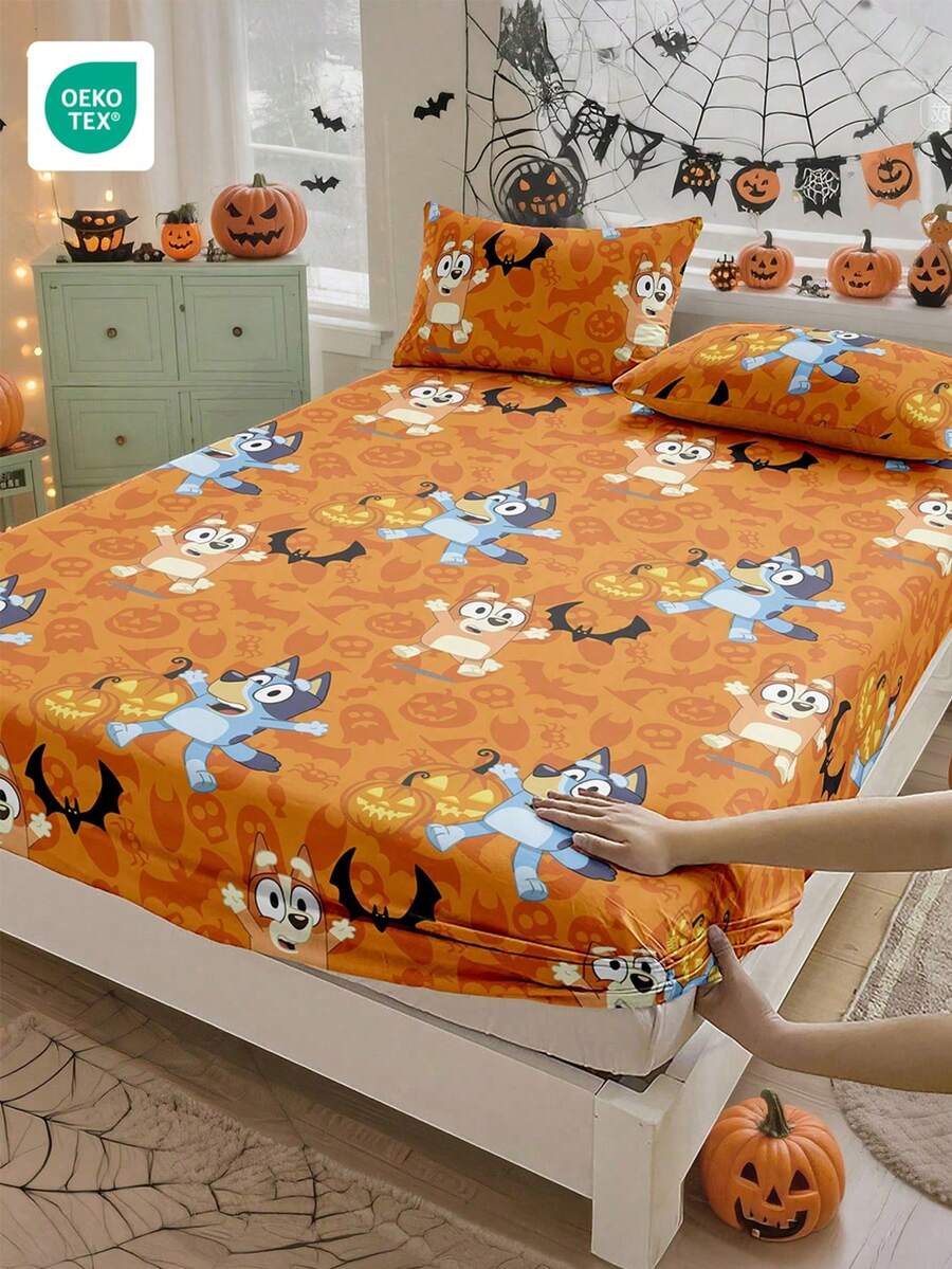 Bluey Halloween Digital Print Bedsheet, Bedding, Mattress Protector, Bed Cover, Fitted Sheet, Comfortable Home Textile, Breathable Anti-Pilling Mattress Protector, Soft & Skin-Friendly, Pumpkin Lantern Pattern, Cartoon Pattern Bed Cover, Home Decor, Soft & Comfortable Bedroom Bedding - Multicolor - View 1