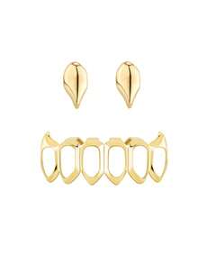 1 Set Glossy Tiger Fang & Hollow Fang Combination, Fashionable & Funny Cosplay Teeth Jewelry, Unisex - Vàng - Xem 4