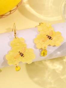 1pc Creative Honeycomb Bee Yellow Teardrop Acrylic Pendant Earrings, Fashionable Jewelry Suitable For Daily, Commute, Festivals And Parties - Multicolor - View 4