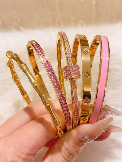5/1pc Golden Jewelry Set, Minimalist And Chic Stainless Steel Bangle, Great For Dating, Party Gatherings, Daily Commuting, Lovely Valentine's Day Gift With Subtle Floral Details, Bamboo-Inspired Construction And Soft Pink Accents, Understated And Stylish Piece That Complements Any Outfit With A Gentle Touch Of Romance, Designed To Add A Hint Of Charm Without Overwhelming Your Look