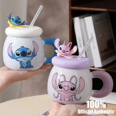 Disney Taza de cerámica oficial de Stitch, taza de café con tapa y diseño de niña linda como regalo de cumpleaños, taza de agua para pareja