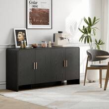 ONBRILL 60" Sideboard Buffet Cabinet With Storage, Curved Design Farmhouse Coffee Bar Cabinet With 4 Doors & Adjustable Shelves, Mid-Century Modern Sideboard Cabinet For Living Room, Kitchen, Hallway, Black - 黑色 - 查看 2
