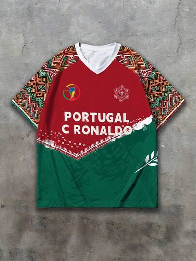 Men's Fitted Short Sleeve T-Shirt With Letter & Number Print, World Cup National Team & Football Club Styles, Comfortable Lightweight Loose Fit, Campus & Street Style For Spring, Summer, Autumn