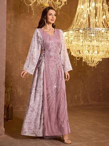 UNITHORSE 女士【随机印花】甜心领长袖修身亮片拼接针织连衣裙 - 粉色 - 查看 5