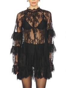 Women's See Through Lace Dress Long Sleeve Crew Neck Casual Loose Sheer Dress Vacation Beach Cocktail Mini Dresses - 黑色 - 查看 10