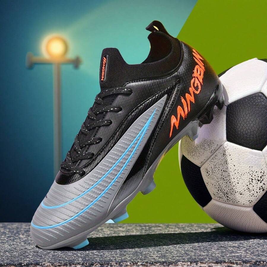 1 Par de Chuteiras de Futebol Unissex, Chuteiras de Treinamento e Jogo em Grama Natural ao Ar Livre de Cano Baixo, Chuteiras de Futebol Americano Juvenil, Calçados Esportivos Profissionais, Frente em PU com Cadarço e Travas Longas AG/FG - Preto acinzentado - Visão 1